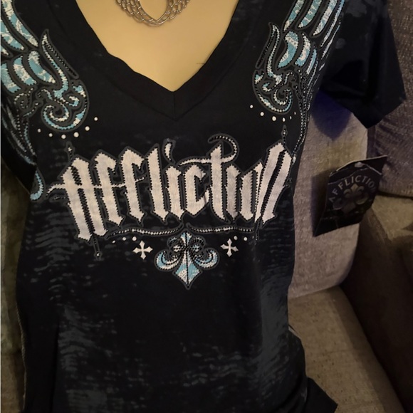 Affliction Women's Black and Blue Winged Tee - Picture 4 of 7